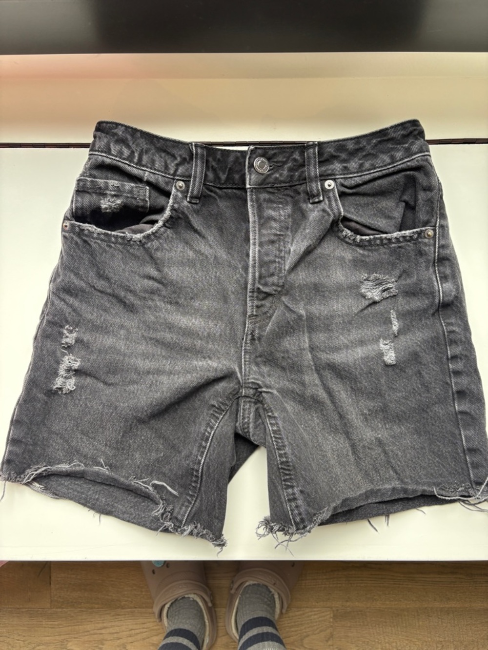 Dynamite Distressed Black Denim Midi Shorts